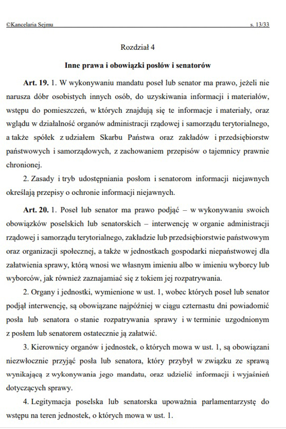 paragrafy 19 i 20 ustawy o wykonywaniu mandatu posła i senatora